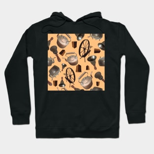 Bells, Books, Spinning Wheels and Kettles on Beige Hoodie